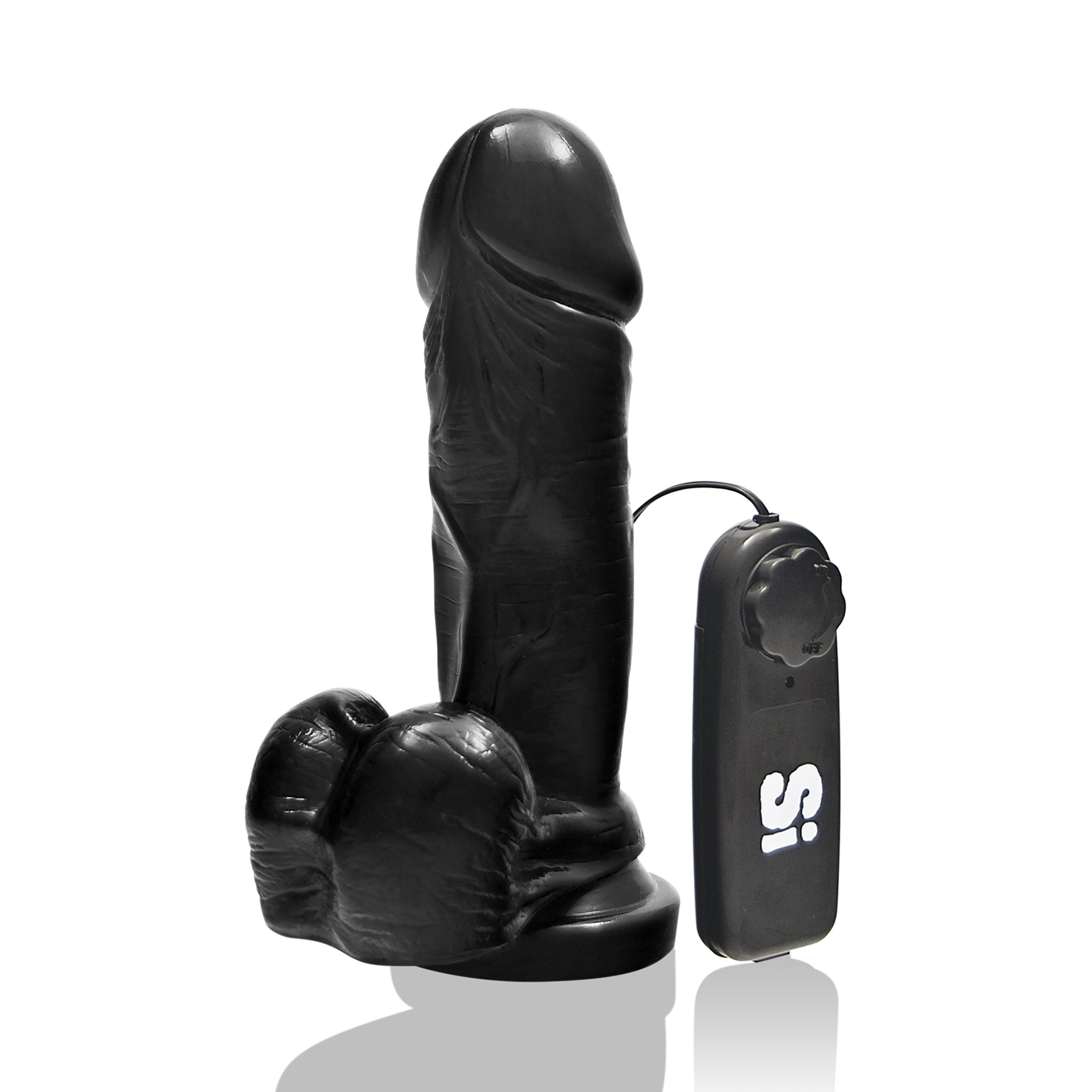 SI IGNITE Vibrating Thick Cock with Balls and Suction, Black, 18 cm